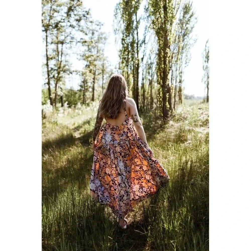 Free People Park Slope Floral Cotton Maxi Dress Navy Combo M Summer Vacation
